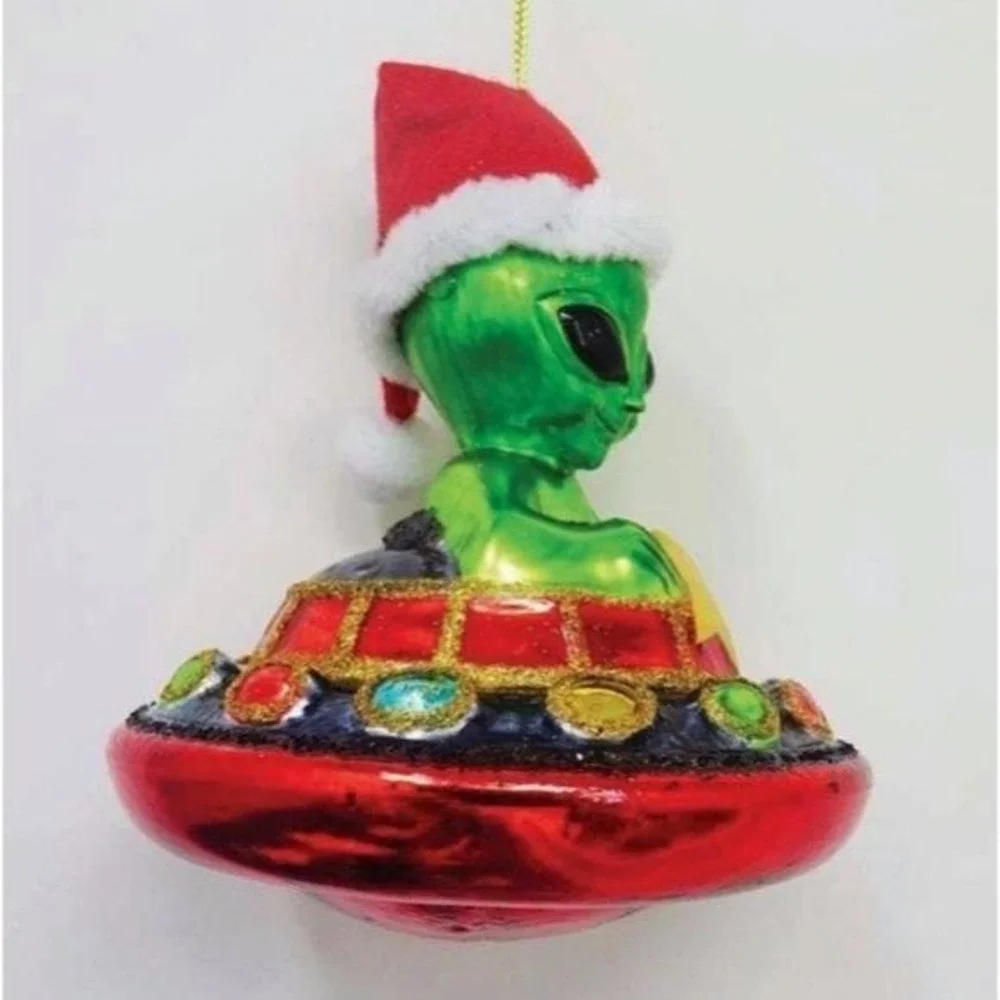 Vtg Style Halloween Alien in Santa Hat and‎ UFO Blown Glass Christmas Ornament